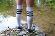 Shiny Nylon Sports Bath view details of set gm-4w045, Lily Kink wears shiny nylon sports shorts into the river